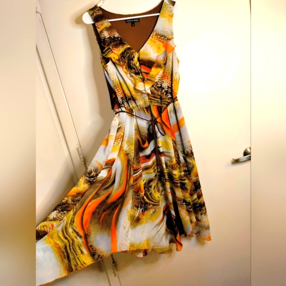 Chris McLaughlin (Size 14) Multicolored Abstract Print Ruffle Belted Dress